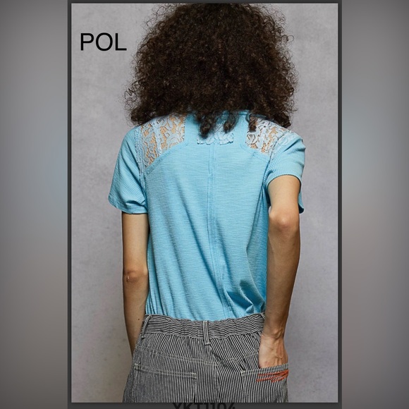 BP220-1💙POL prettyBlue Lace Detail short sleeve top w/lace accents front+ back! - Picture 3 of 5